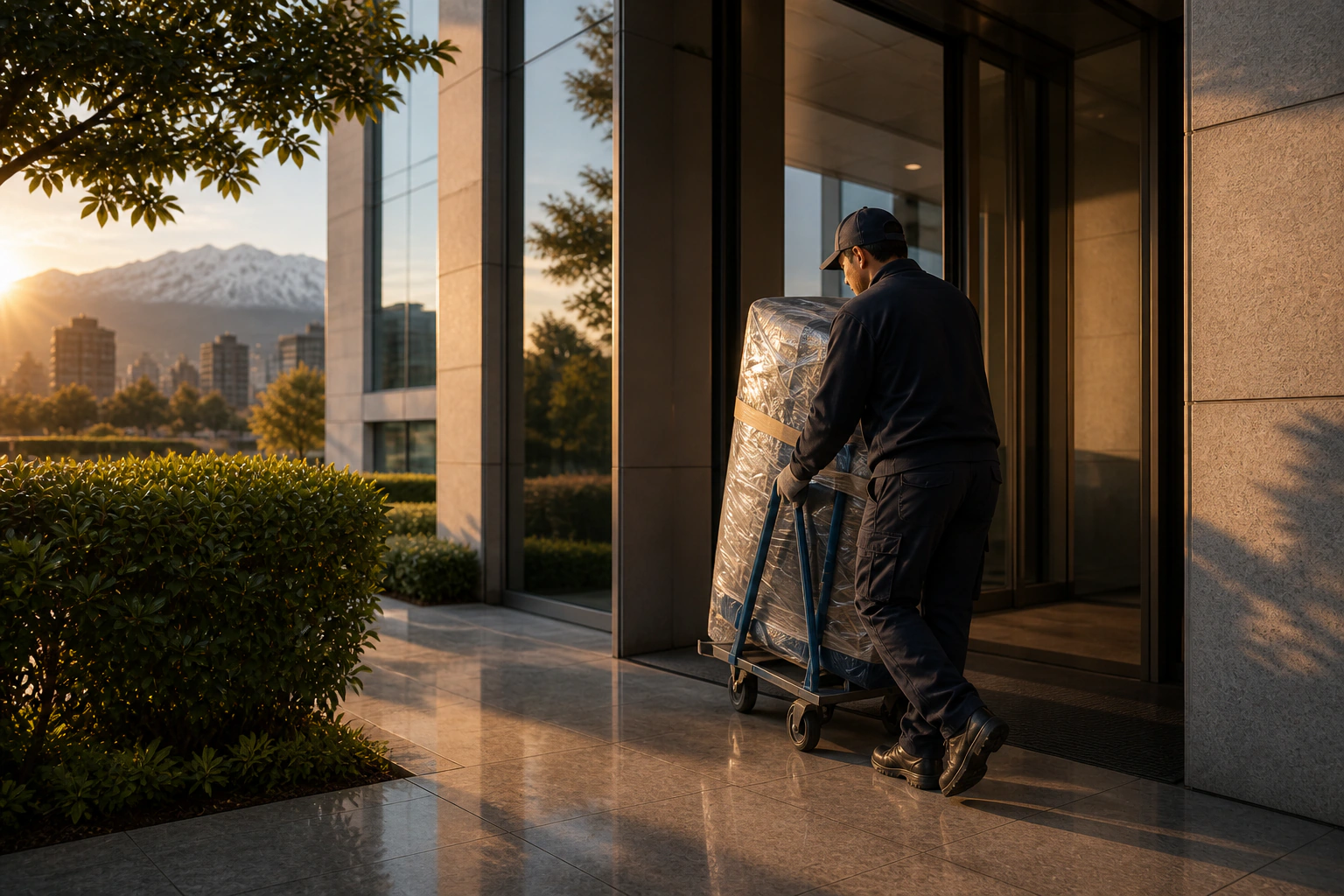 Profesional realizando una mudanza corporativa al amanecer